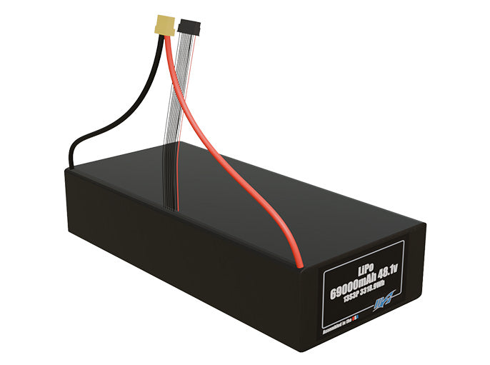 Rendered view of a slim 69000mAh LiPo pack, used in large UAV and defense-grade robotics projects.