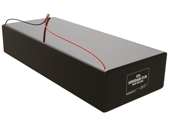 Rendered view of a slim 69000mAh LiPo pack, used in large UAV and defense-grade robotics projects.