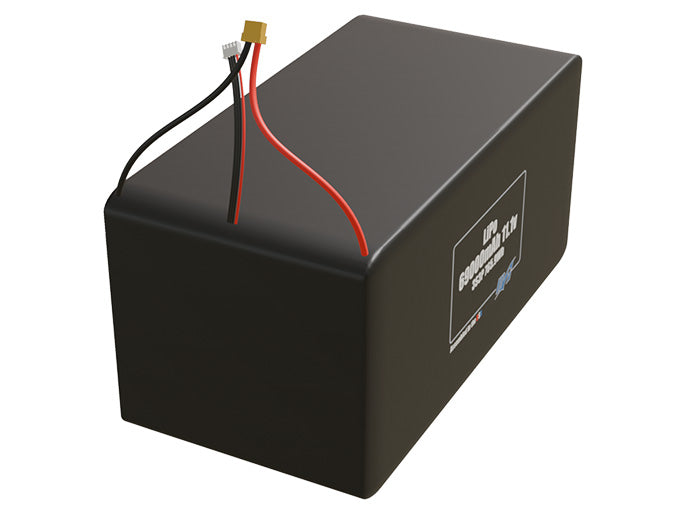 Rendered view of a slim 69000mAh LiPo pack, used in large UAV and defense-grade robotics projects.