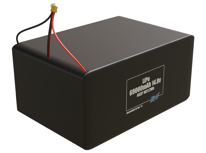 Rendered view of a slim 69000mAh LiPo pack, used in large UAV and defense-grade robotics projects.