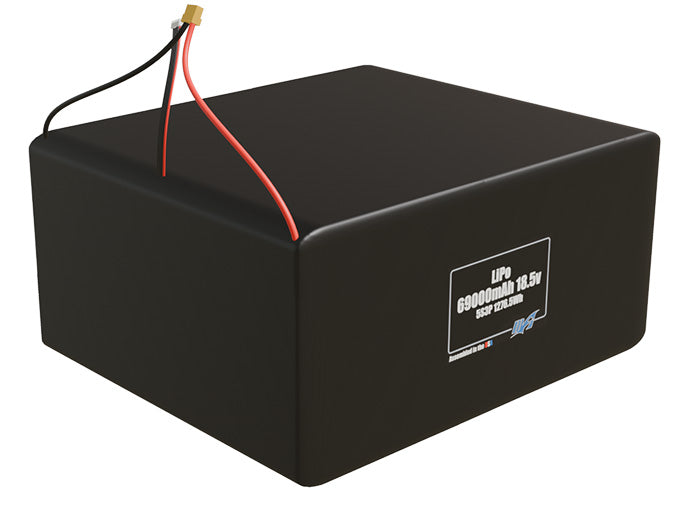 Rendered view of a slim 69000mAh LiPo pack, used in large UAV and defense-grade robotics projects.