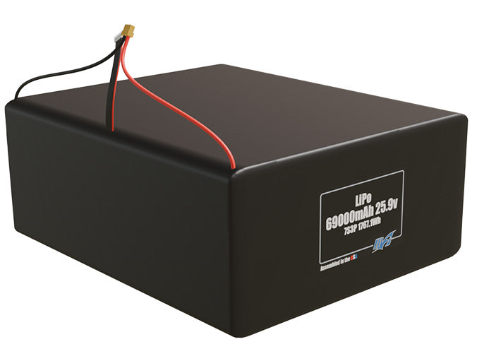 Rendered view of a slim 69000mAh LiPo pack, used in large UAV and defense-grade robotics projects.