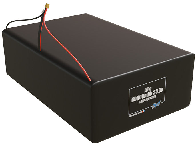 Rendered view of a slim 69000mAh LiPo pack, used in large UAV and defense-grade robotics projects.