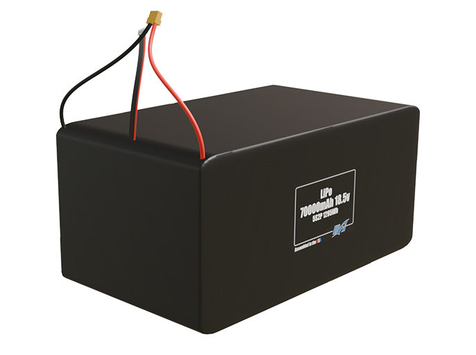 Rendered view of a slim 70000mAh LiPo pack, used in large UAV and defense-grade robotics projects.