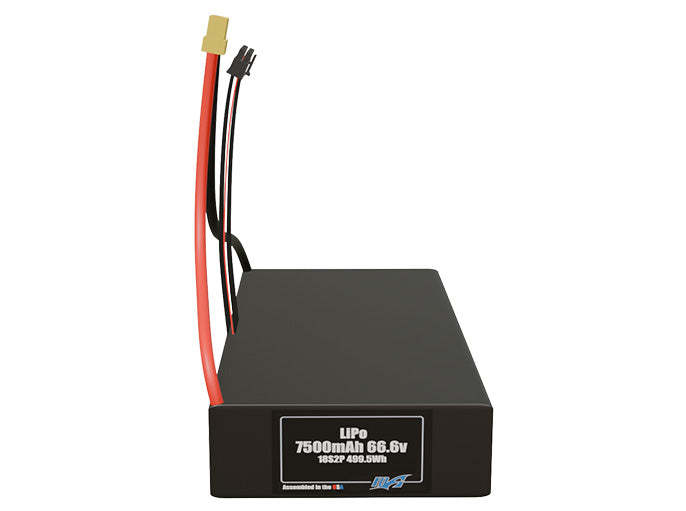 Front-facing render of the 66.6V 7500mAh 18S2P LiPo battery, assembled in the USA by maxamps, for drone and robotics applications.