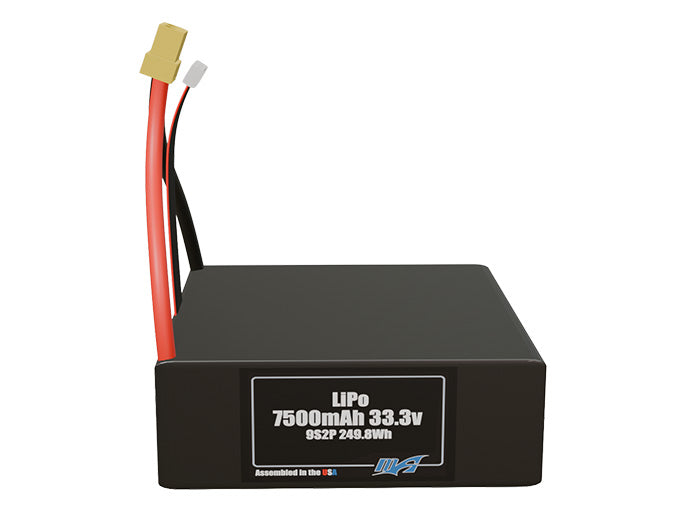 Front-facing render of the 33.3V 7500mAh 9S2P LiPo battery, assembled in the USA by maxamps, for drone and robotics applications.