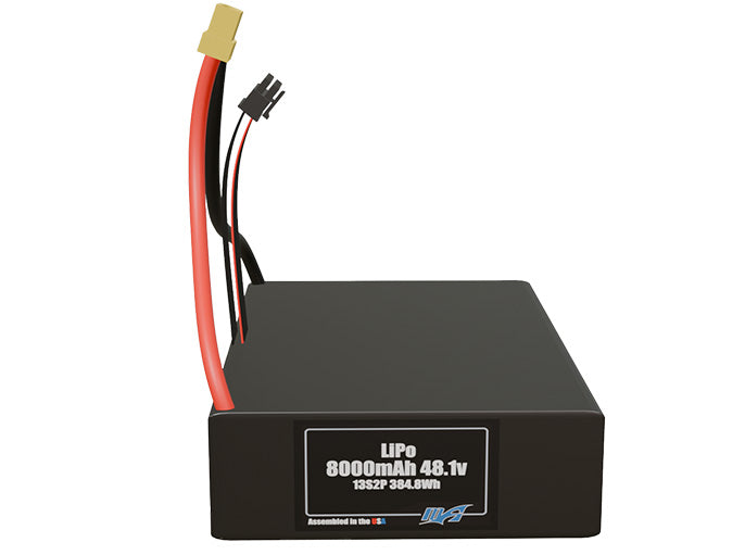Front-facing render of the 48.1V 8000mAh 13S2P LiPo battery, assembled in the USA by maxamps, for drone and robotics applications.