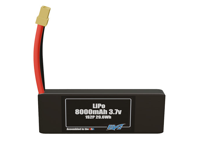 Front-facing render of the 3.7V 8000mAh 1S2P LiPo battery, assembled in the USA by maxamps, for drone and robotics applications.