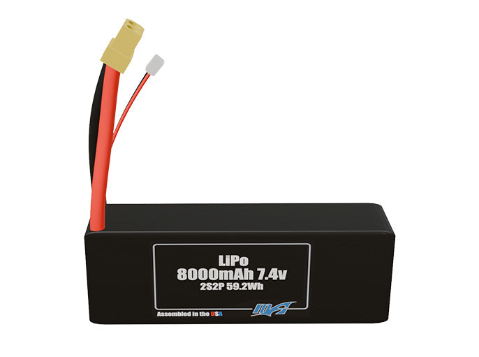 Front-facing render of the 7.4V 8000mAh 2S2P LiPo battery, assembled in the USA by maxamps, for drone and robotics applications.