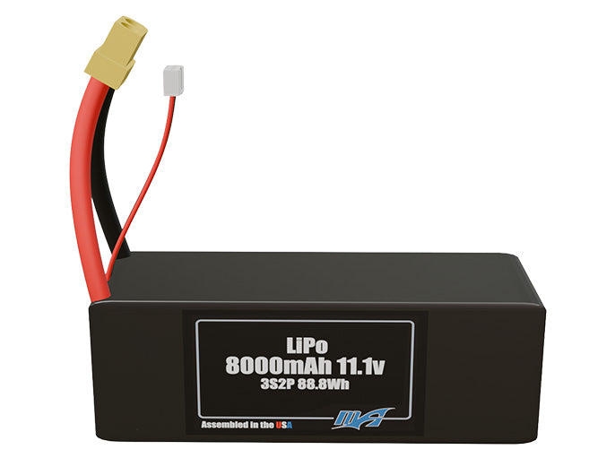 Front-facing render of the 11.1V 8000mAh 3S2P LiPo battery, assembled in the USA by maxamps, for drone and robotics applications.