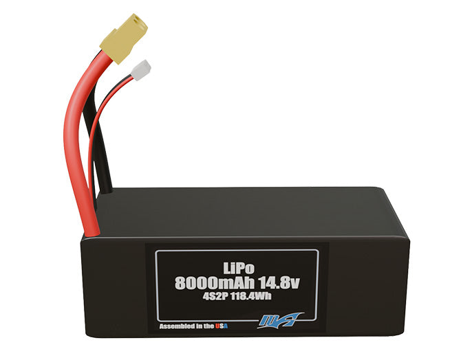 Front-facing render of the 14.8V 8000mAh 4S2P LiPo battery, assembled in the USA by maxamps, for drone and robotics applications.