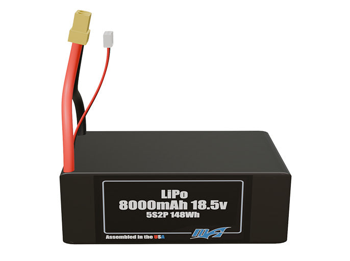 Front-facing render of the 18.5V 8000mAh 5S2P LiPo battery, assembled in the USA by maxamps, for drone and robotics applications.