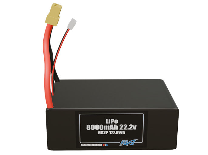 Front-facing render of the 22.2V 8000mAh 6S2P LiPo battery, assembled in the USA by maxamps, for drone and robotics applications.