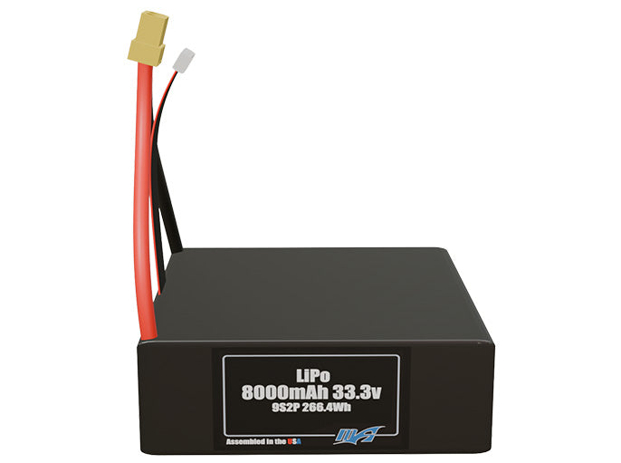 Front-facing render of the 33.3V 8000mAh 9S2P LiPo battery, assembled in the USA by maxamps, for drone and robotics applications.