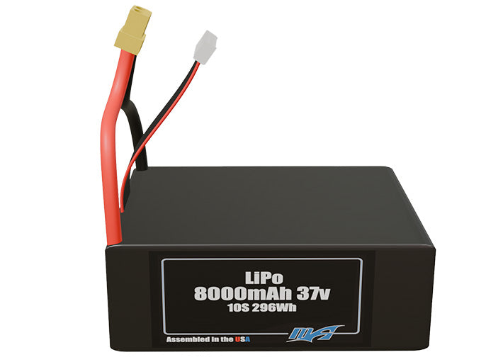 Front-facing render of the 37V 8000mAh lite 10S LiPo battery, assembled in the USA by maxamps, for drone and robotics applications.