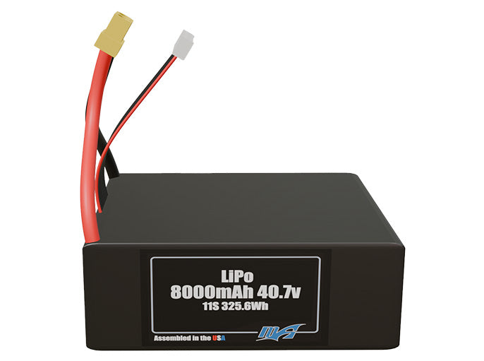 Front-facing render of the 40.7V 8000mAh lite 11S LiPo battery, assembled in the USA by maxamps, for drone and robotics applications.