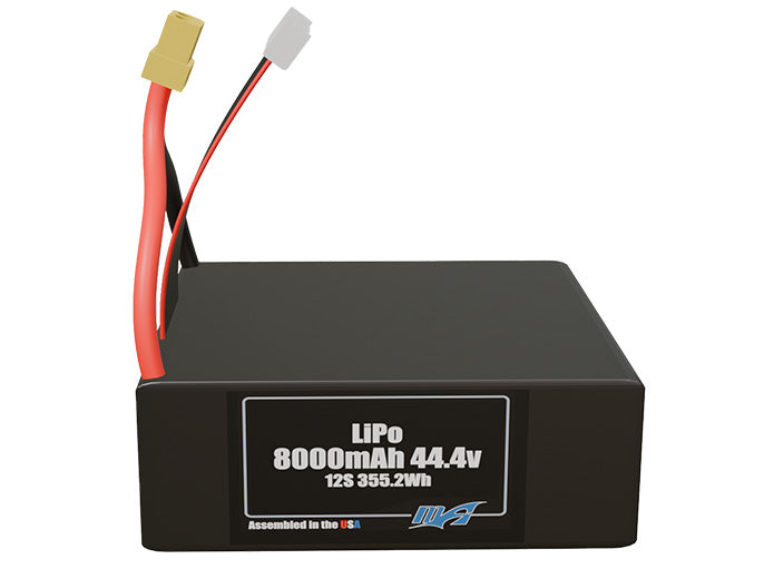 Front-facing render of the 44.4V 8000mAh lite 12S LiPo battery, assembled in the USA by maxamps, for drone and robotics applications.