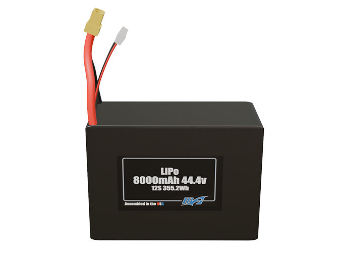 Front-facing render of the 44.4V 8000mAh lite side by side 12S LiPo battery, assembled in the USA by maxamps, for drone and robotics applications.