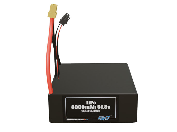 Front-facing render of the 51.8V 8000mAh lite 14S LiPo battery, assembled in the USA by maxamps, for drone and robotics applications.