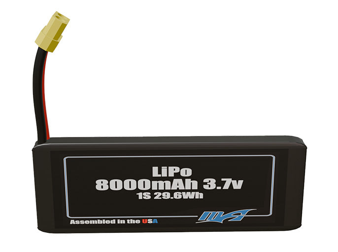 Front-facing render of the 3.7V 8000mAh lite 1S LiPo battery, assembled in the USA by maxamps, for drone and robotics applications.