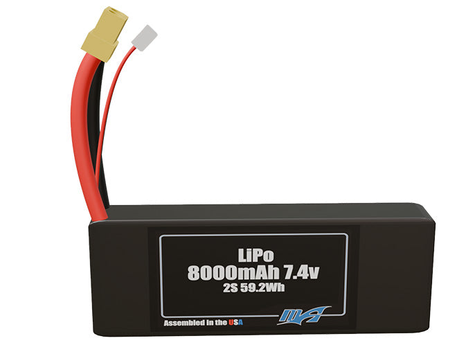 Front-facing render of the 7.4V 8000mAh lite 2S LiPo battery, assembled in the USA by maxamps, for drone and robotics applications.