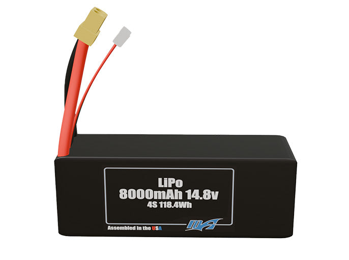 Front-facing render of the 14.8V 8000mAh lite 4S LiPo battery, assembled in the USA by maxamps, for drone and robotics applications.