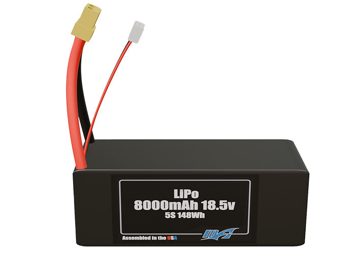 Front-facing render of the 18.5V 8000mAh lite 5S LiPo battery, assembled in the USA by maxamps, for drone and robotics applications.