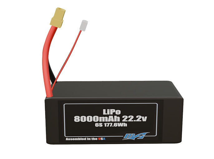 Front-facing render of the 22.2V 8000mAh lite 6S LiPo battery, assembled in the USA by maxamps, for drone and robotics applications.