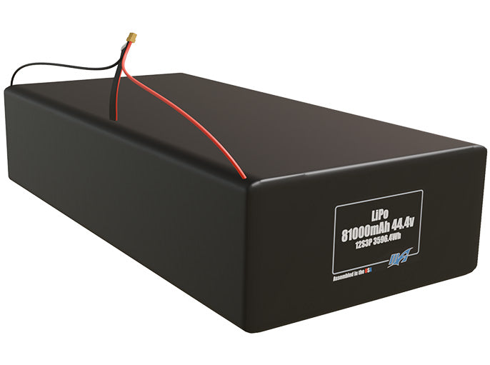 Rendered view of a slim 81000mAh LiPo pack, used in large UAV and defense-grade robotics projects.