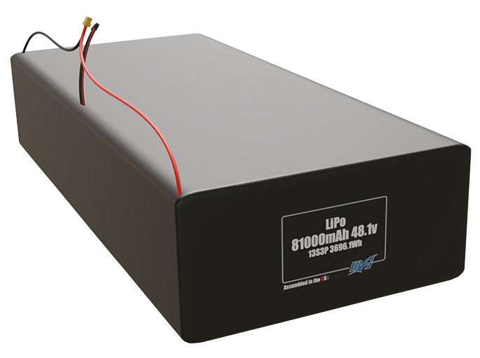 Rendered view of a slim 81000mAh LiPo pack, used in large UAV and defense-grade robotics projects.