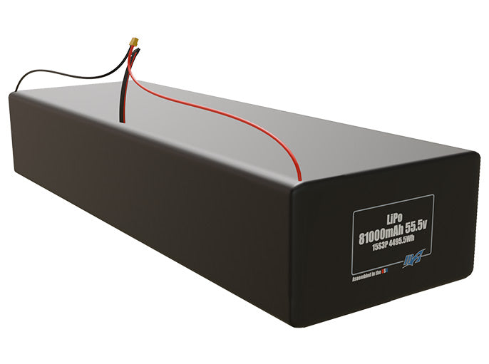 Rendered view of a slim 81000mAh LiPo pack, used in large UAV and defense-grade robotics projects.