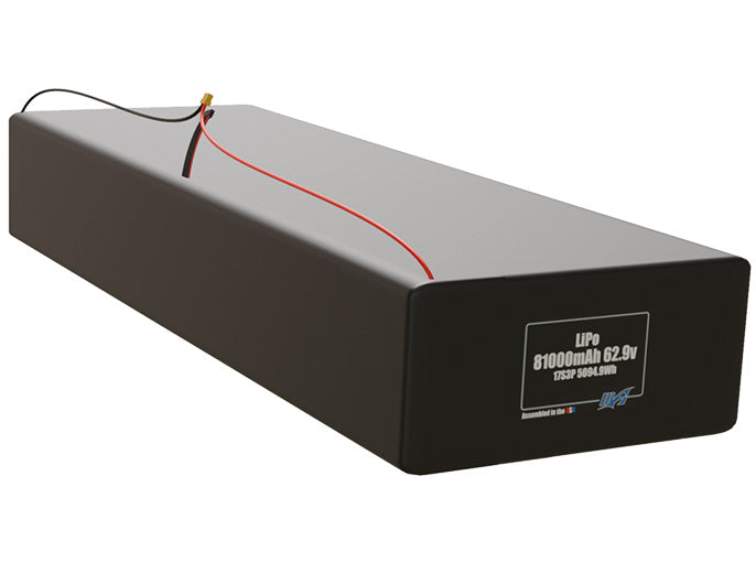 Rendered view of a slim 81000mAh LiPo pack, used in large UAV and defense-grade robotics projects.