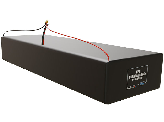 Rendered view of a slim 81000mAh LiPo pack, used in large UAV and defense-grade robotics projects.
