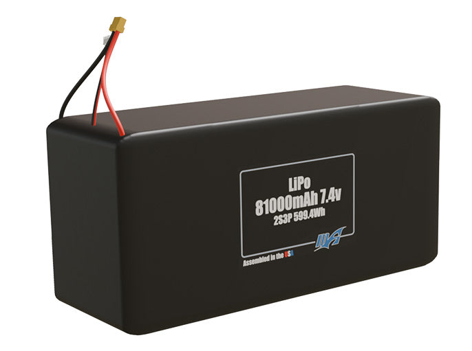 Rendered view of a slim 81000mAh LiPo pack, used in large UAV and defense-grade robotics projects.