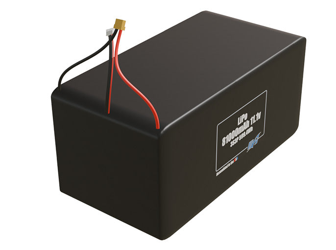 Rendered view of a slim 81000mAh LiPo pack, used in large UAV and defense-grade robotics projects.