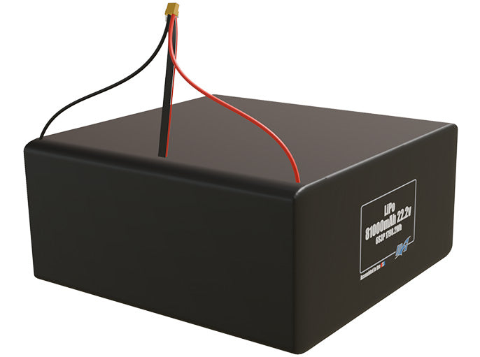 Rendered view of a slim 81000mAh LiPo pack, used in large UAV and defense-grade robotics projects.