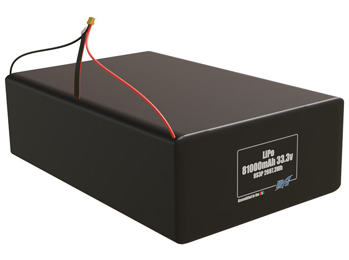 Rendered view of a slim 81000mAh LiPo pack, used in large UAV and defense-grade robotics projects.