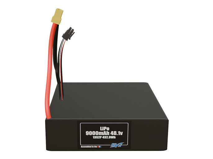 Front-facing render of the 48.1V 9000mAh 13S2P LiPo battery, assembled in the USA by maxamps, for drone and robotics applications.