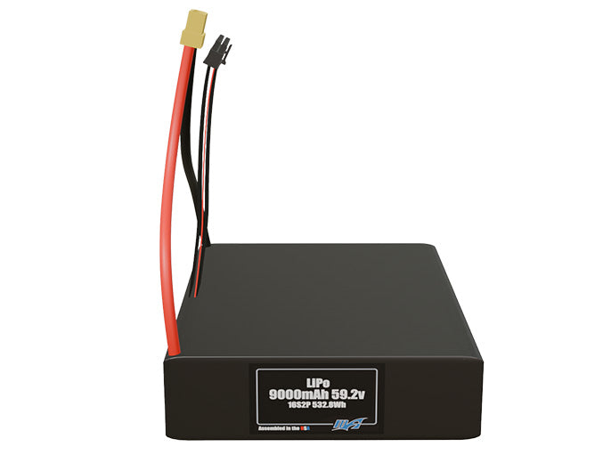 Front-facing render of the 59.2V 9000mAh 16S2P LiPo battery, assembled in the USA by maxamps, for drone and robotics applications.
