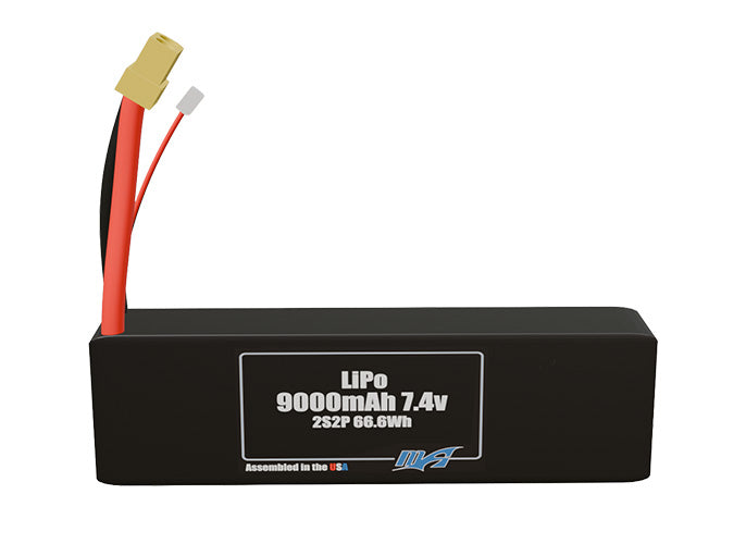 Front-facing render of the 7.4V 9000mAh 2S2P LiPo battery, assembled in the USA by maxamps, for drone and robotics applications.