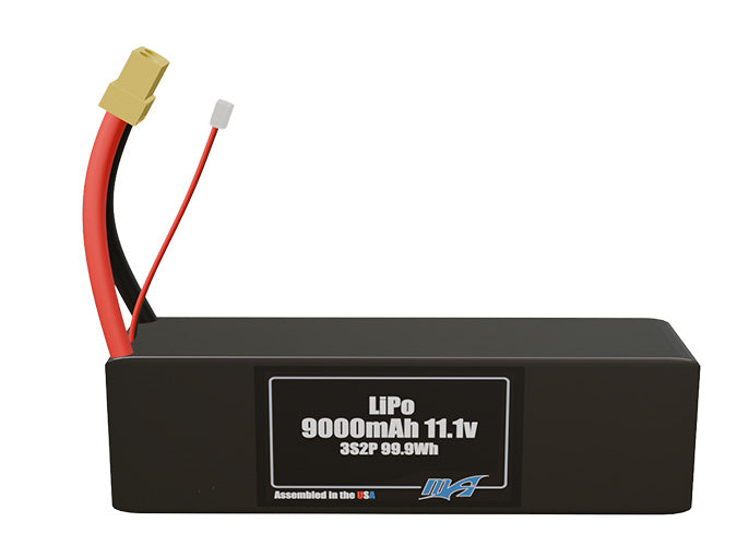 Front-facing render of the 11.1V 9000mAh 3S2P LiPo battery, assembled in the USA by maxamps, for drone and robotics applications.