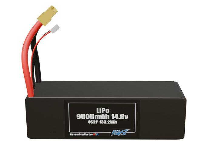 Front-facing render of the 14.8V 9000mAh 4S2P LiPo battery, assembled in the USA by maxamps, for drone and robotics applications.