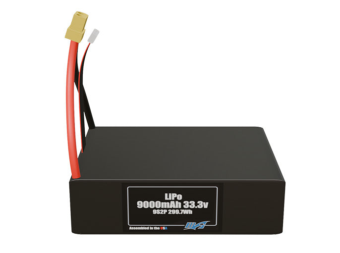 Front-facing render of the 33.3V 9000mAh 9S2P LiPo battery, assembled in the USA by maxamps, for drone and robotics applications.