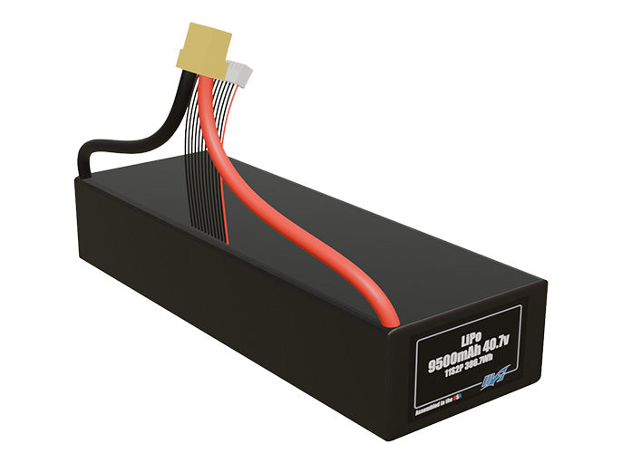 Rendered view of a slim 9500mAh LiPo pack, used in UAV and defense-grade robotics projects.