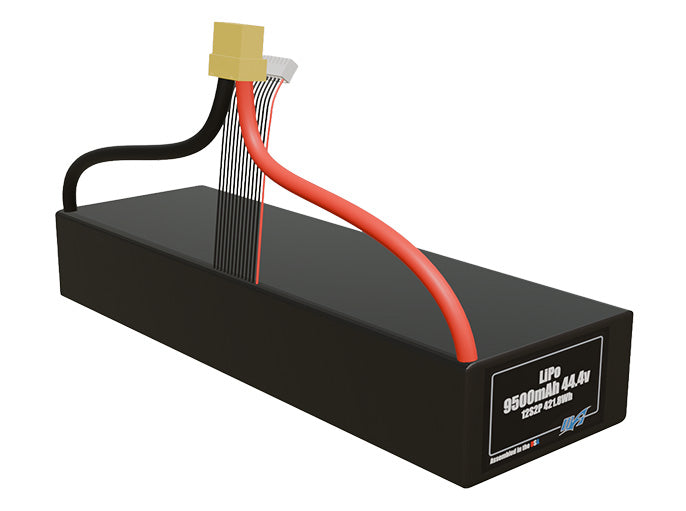 Rendered view of a slim 9500mAh LiPo pack, used in UAV and defense-grade robotics projects.