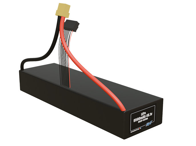 Rendered view of a slim 9500mAh LiPo pack, used in UAV and defense-grade robotics projects.