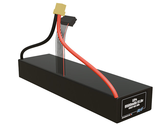 Rendered view of a slim 9500mAh LiPo pack, used in UAV and defense-grade robotics projects.