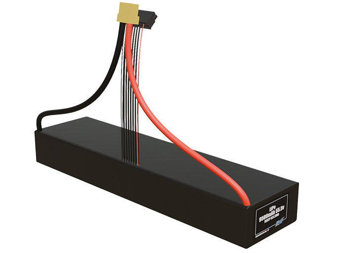 Rendered view of a slim 9500mAh LiPo pack, used in UAV and defense-grade robotics projects.