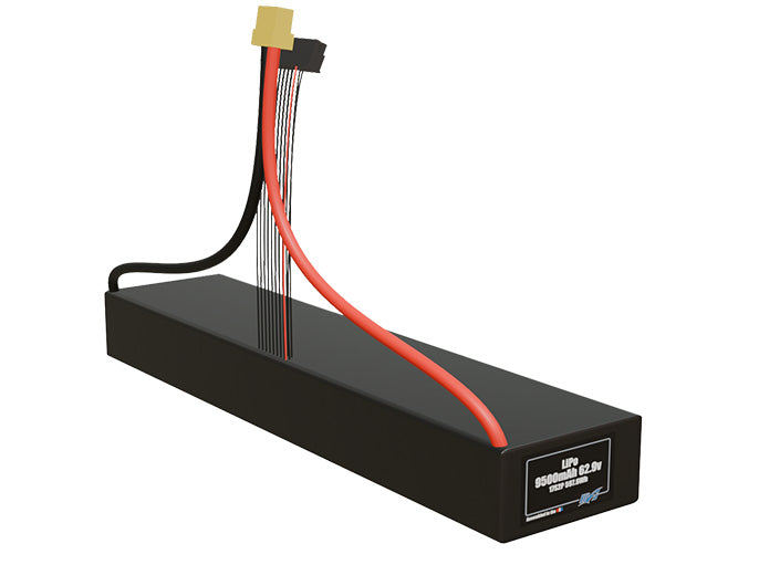 Rendered view of a slim 9500mAh LiPo pack, used in UAV and defense-grade robotics projects.