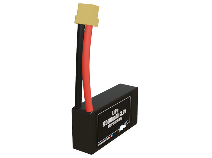 Rendered view of a slim 9500mAh LiPo pack, used in UAV and defense-grade robotics projects.
